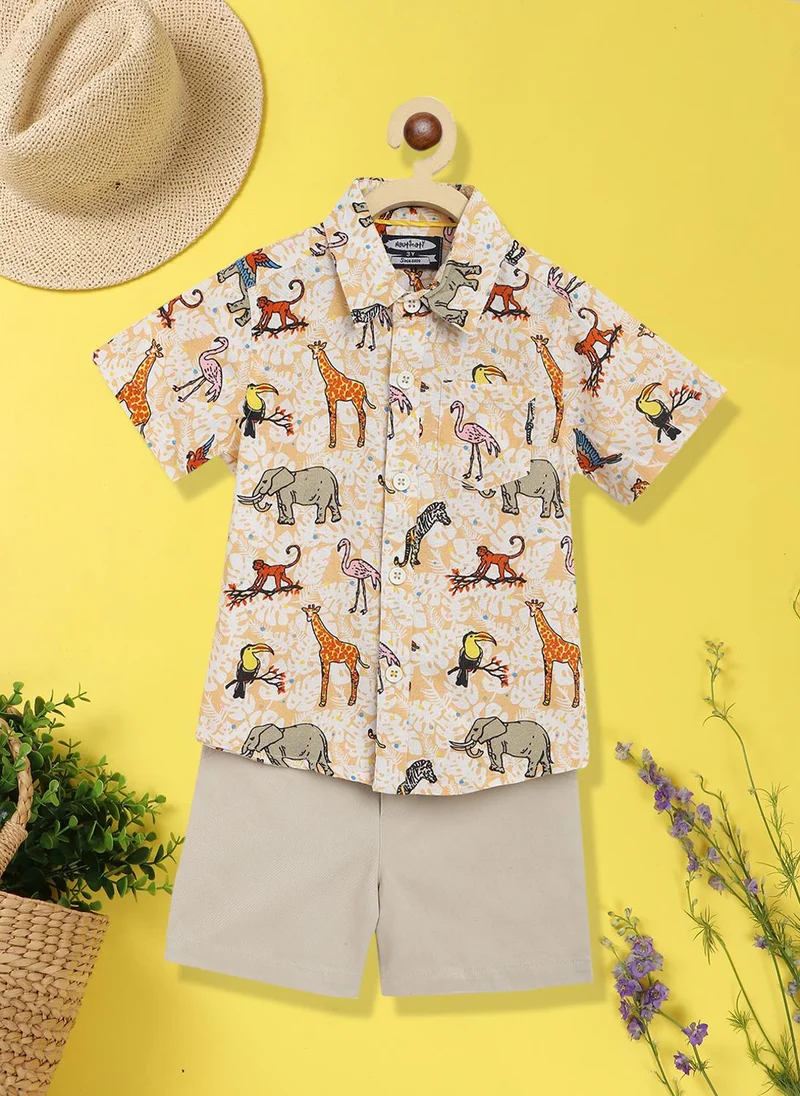 Nautinati Boys' Cotton Blend All-over Animal Printed Shirt & Shorts Co-ord Set